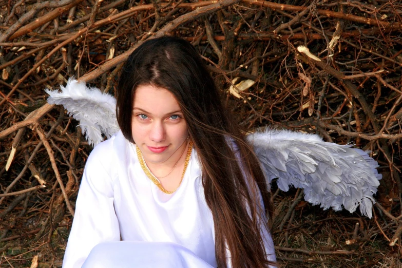 a woman sitting in front of a pile of twigs, a portrait, by Marie Angel, pixabay contest winner, renaissance, large white wings, teenager girl, innocent look, silver angel wings
