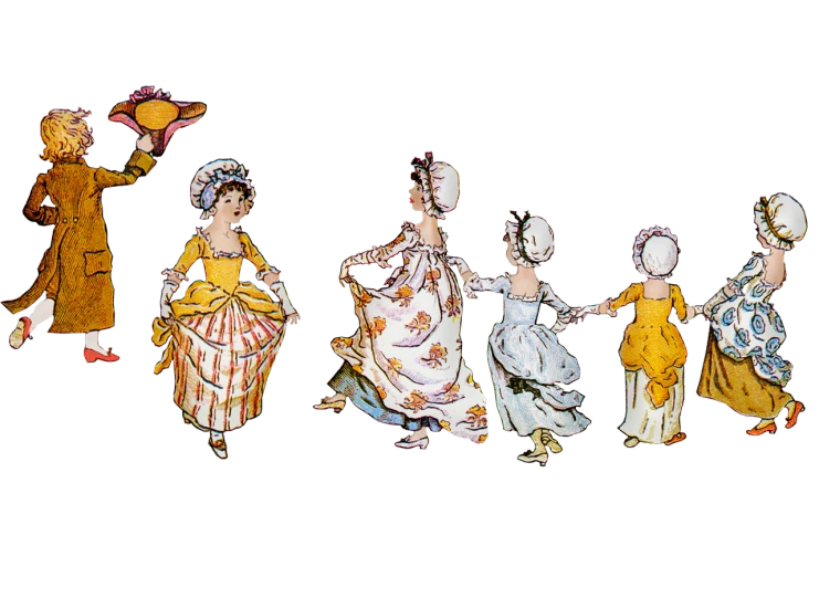 a group of people that are standing in the dark, inspired by Richard Dadd, flickr, rococo, dancing a jig, panorama, children\'s illustration, with a black background