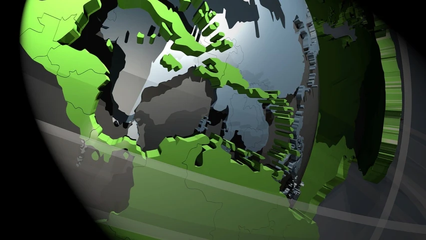 a close up of a map of the world, a low poly render, polycount contest winner, green and black color scheme, hollow earth infographic, toon rendering, raytraced reflections