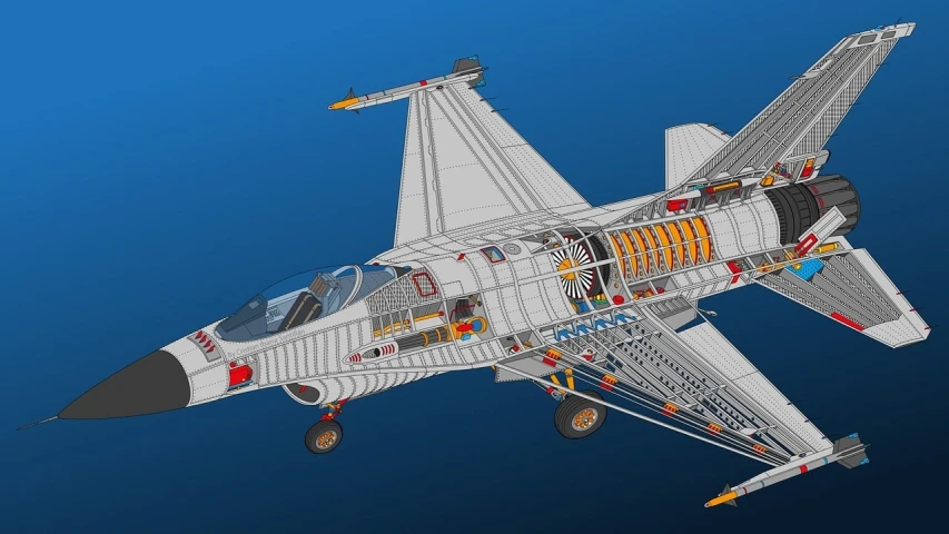 a model of a fighter jet on a blue background, vector art, by Wayne England, polycount contest winner, digital art, intricate detailed 4 k, cutaway, from falcon bms, vector line art