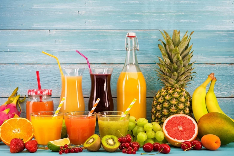 a variety of fruits and juices on a table, a stock photo, shutterstock, formless brests, background image, profile pic, screen capture