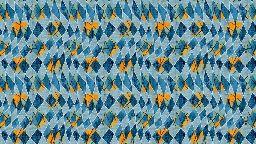 a pattern of blue and yellow flowers on a blue background, a mosaic, inspired by Gaudi, shutterstock, abstract illusionism, diamond texture, blue!! with orange details, vintage - w 1 0 2 4, terrazzo