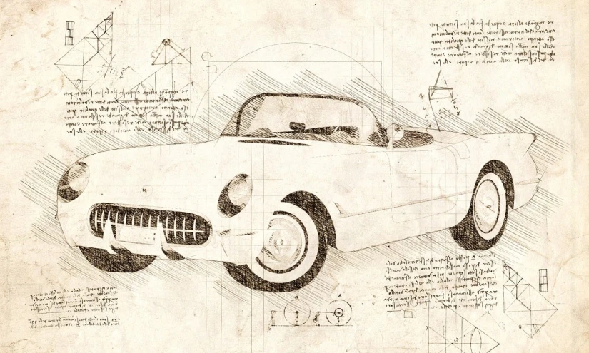 a drawing of a car on a piece of paper, inspired by Cornelisz Hendriksz Vroom, retrofuturism, corvette c2 1969, scientific schematics, 15081959 21121991 01012000 4k, geometry