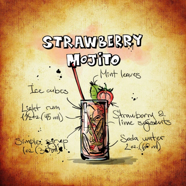 a drawing of a strawberry mojit in a tall glass, infographic style, rustic, title, full shot photo