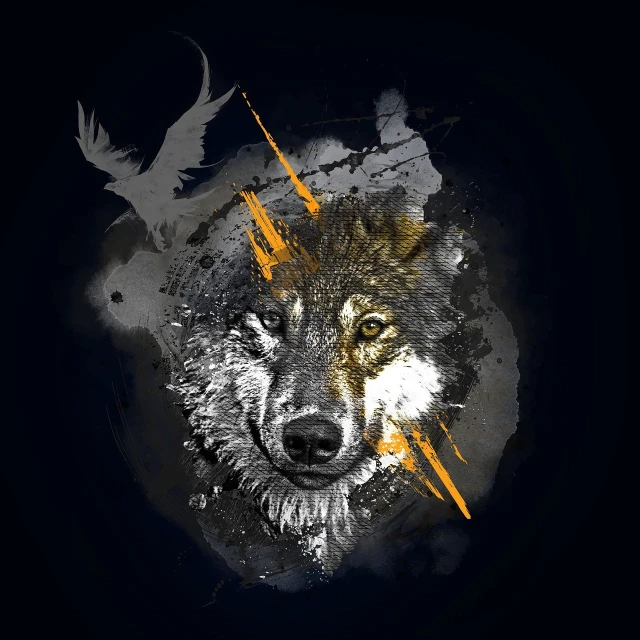 a close up of a wolf with a bird in the background, vector art, sots art, mixed media style illustration, t-shirt design, above view, wild brush strokes