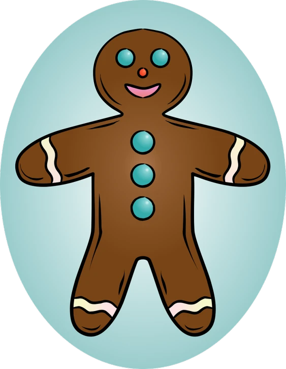 a cartoon gingerbread man in a blue circle, a digital rendering, pixabay, naive art, black and cyan color scheme, !anthropomorphic!, & a dark, ham