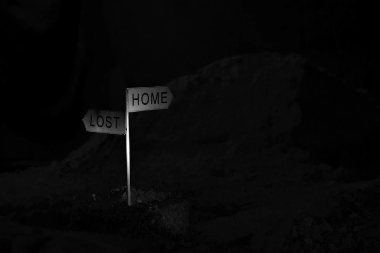 a couple of street signs sitting on the side of a road, by Alexis Grimou, lost in a cave, home setting, dark!, home display