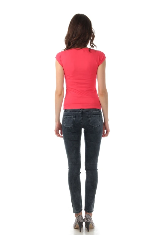 a woman standing with her back to the camera, pink shirt, photo of slim girl model, jules julien, jeans and t shirt