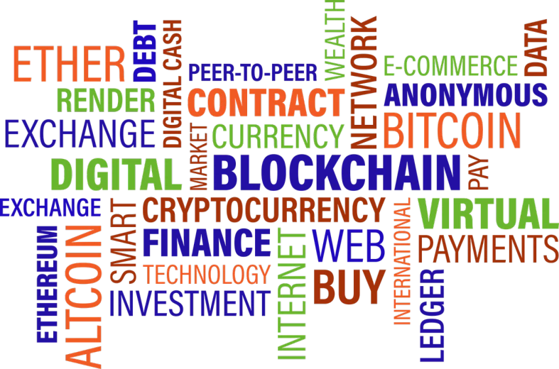 a digital currency word cloud on a black background, by Anna Katharina Block, trending on pixabay, multi - coloured, photo taken in 2018, website banner, chain