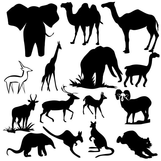 a collection of animal silhouettes on a white background, vector art, figuration libre, sahara, !!! very coherent!!! vector art, one black, oz