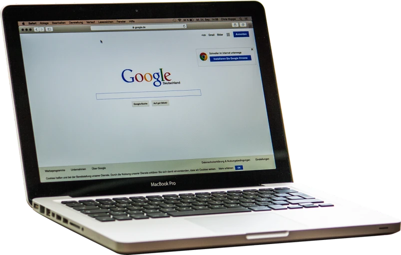 a laptop computer sitting on top of a desk, by Judith Gutierrez, pixabay, google logo, productphoto, various posed, looking to the right
