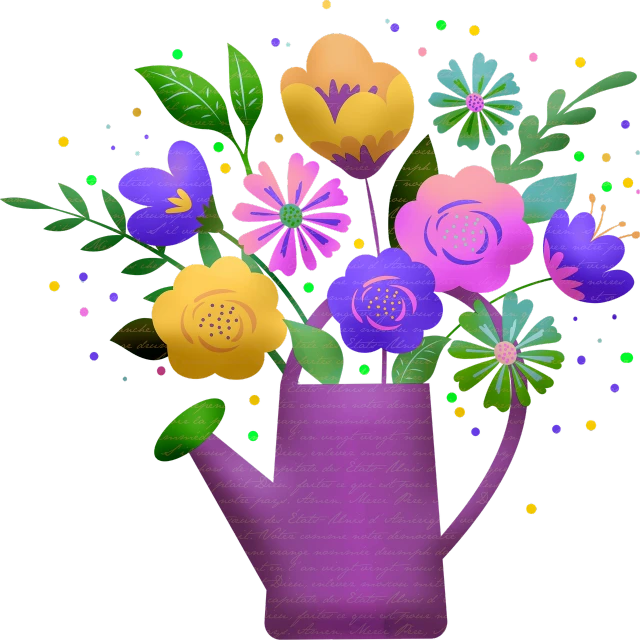 a purple watering can filled with lots of flowers, a digital painting, inspired by Mary Blair, conceptual art, with a black background, glitter gif, low resolution, background image