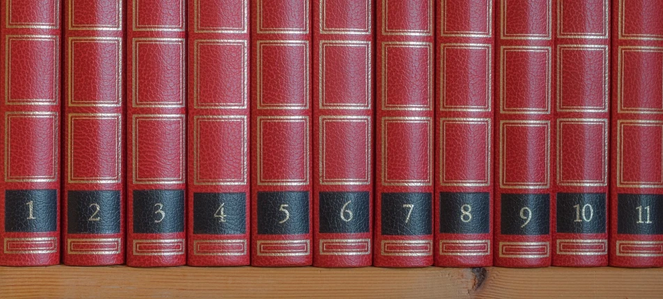 a row of red books sitting on top of a wooden shelf, a stock photo, fine art, numerology, detailed zoom photo, high detail product photo, group of seven