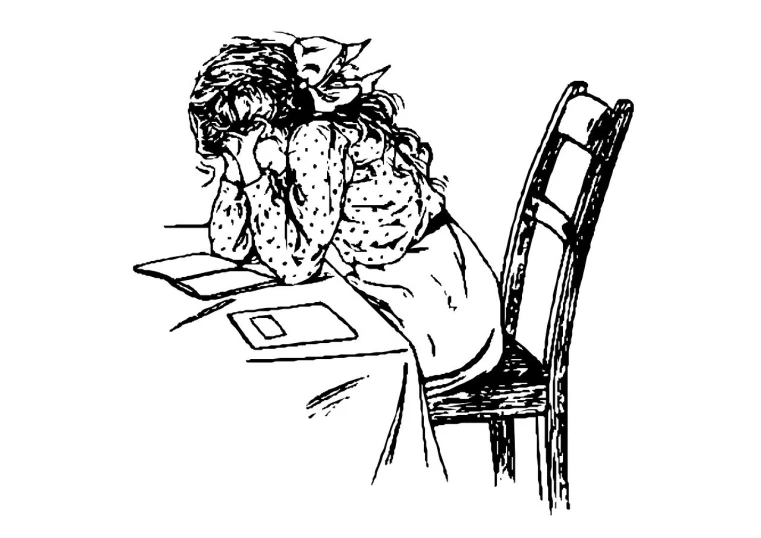 a black and white drawing of a woman sitting at a table, inspired by Charles Dana Gibson, pixabay, looking exhausted, little girl, clipart, hunched over