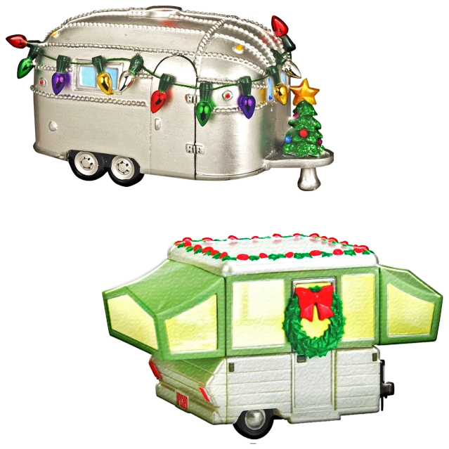 a christmas ornament of a camper and a christmas tree, a digital rendering, front side views full, neon, silverplate, light source on left