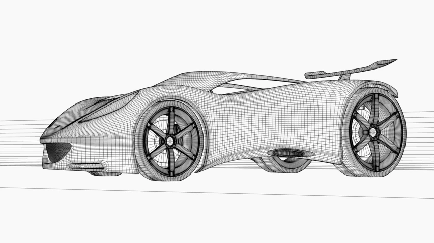 a black and white drawing of a sports car, a 3D render, inspired by Harry Haenigsen, trending on polycount, digital art, wireframes, cfd, cgsociety - w 1 0 2 4 - n 8 - i, aerodynamic frame