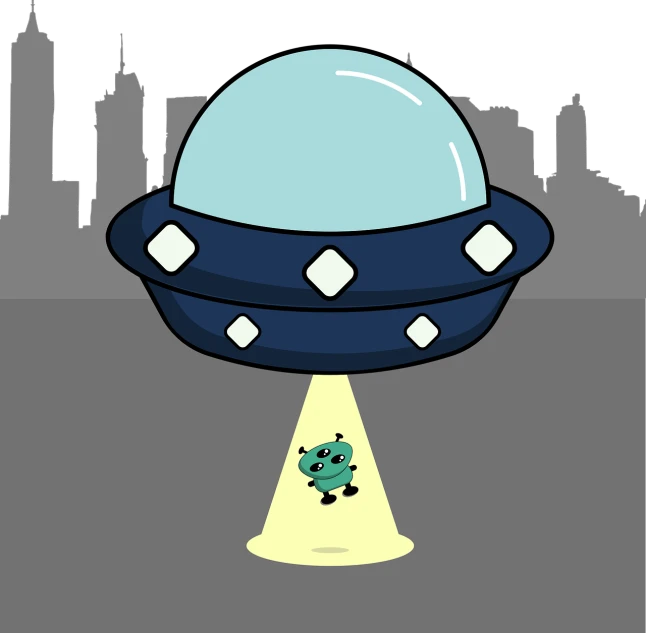 a cartoon alien spaceship flying over a city, inspired by Choi Buk, tumblr contest winner, retrofuturism, 60's cartoon-space helmet, small spot light on robot, full color illustration, abduction