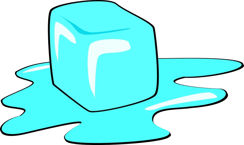 a block of ice sitting on top of a puddle of water, a cartoon, inspired by Masamitsu Ōta, pixabay, dayglo blue, objects that float, [bioluminescense, milk