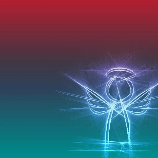 a close up of a flower on a blue and red background, by Andrei Kolkoutine, digital art, wings made of light, angel doing yoga in temple, wallpaper for monitor, bright halo