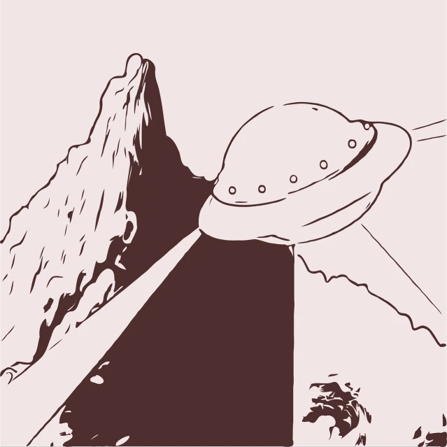 a black and white drawing of a flying object, concept art, mountains background, surreal flat colors, flying saucer, whole page illustration