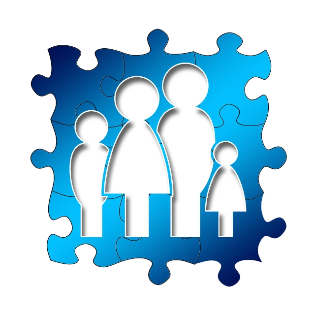 a group of people standing in front of a puzzle piece, by Mirko Rački, pixabay, digital art, husband wife and son, blue print, family crest, with a black background