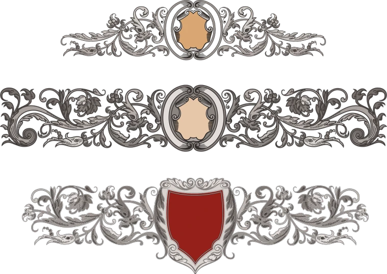 a set of decorative design elements on a black background, a digital rendering, by Frederik Vermehren, deviantart, baroque, shield emblem, wine-red and grey trim, part leyendecker style, teaser