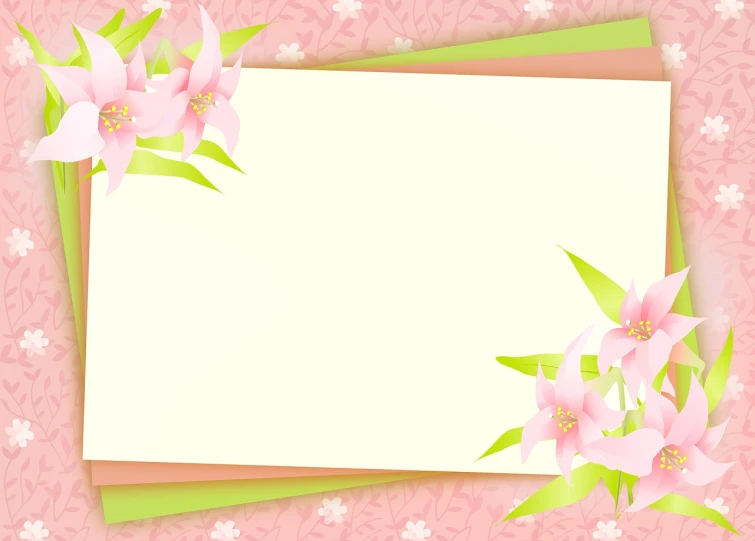 a card with pink flowers on a pink background, a picture, sōsaku hanga, layered paper style, lily flowers, corner office background, wall ]