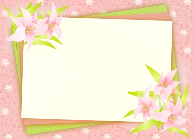a card with pink flowers on a pink background, a picture, sōsaku hanga, layered paper style, lily flowers, corner office background, wall ]