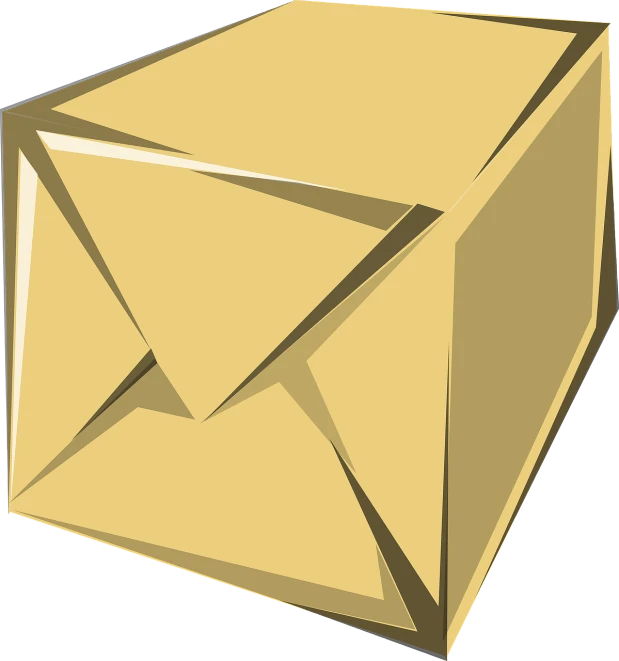 a golden envelope on a black background, an illustration of, inspired by Masamitsu Ōta, computer art, delivering parsel box, cartoon image, cube shaped, full color illustration