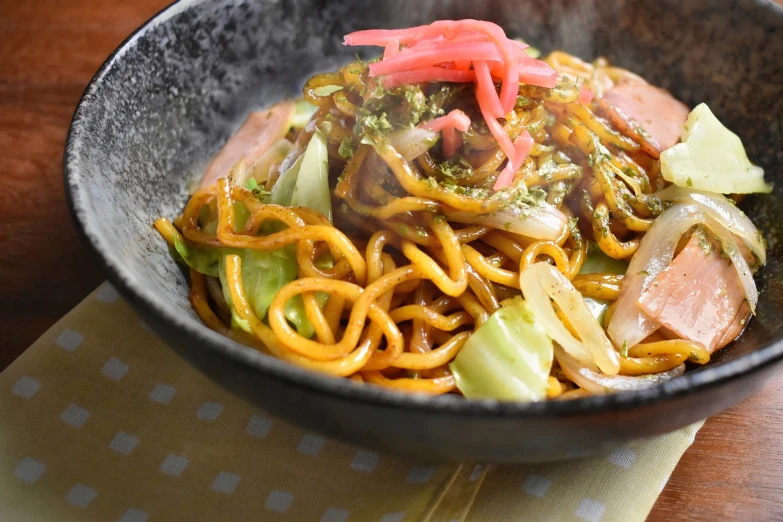 a close up of a bowl of food on a table, a pastel, inspired by Shunbaisai Hokuei, noodles, detailed picture, wok, tummy