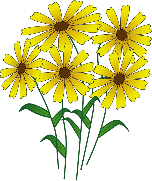 a bunch of yellow flowers on a black background, a digital rendering, pixabay, art nouveau, gardening, daisy, flat color, high res photo