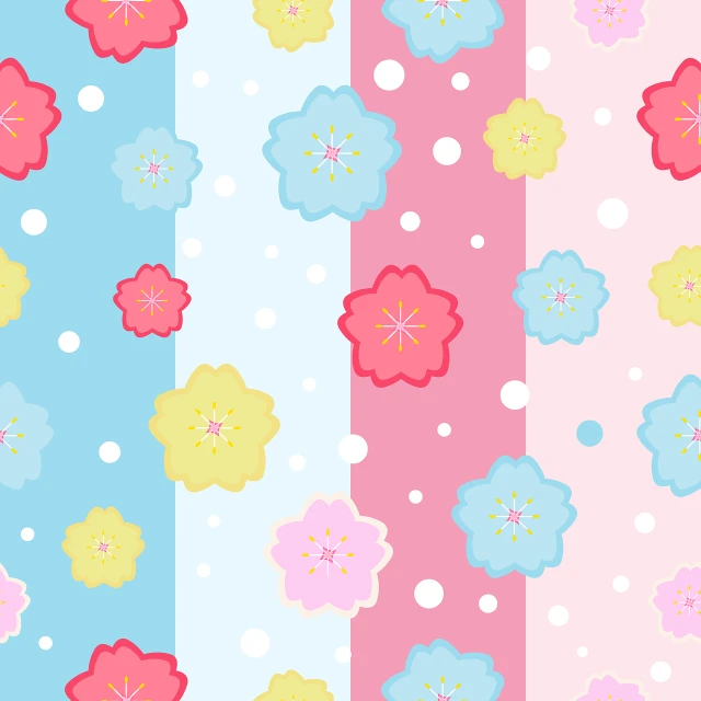 a pattern of flowers and dots on a blue and pink background, a pastel, inspired by Masamitsu Ōta, four seasons, various backgrounds, sakura bloomimg, cute colorful adorable