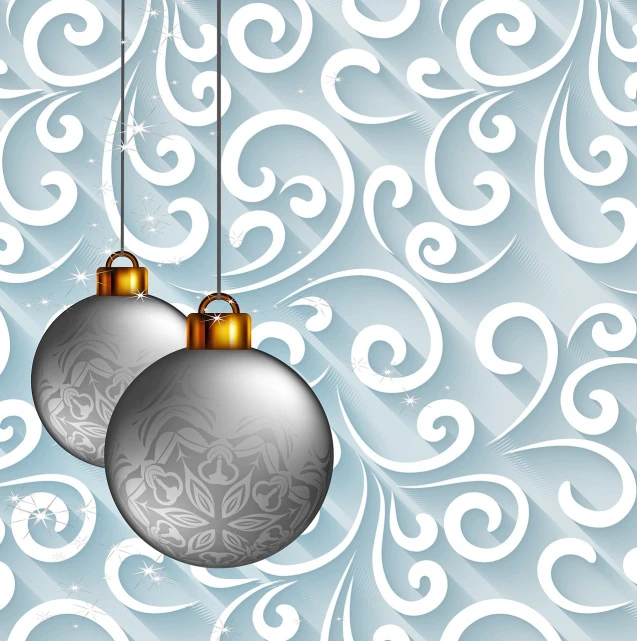 two silver christmas balls hanging from a string, a digital rendering, inspired by Ernest William Christmas, art nouveau, patterned background, swirl, smooth and clean vector curves, high res