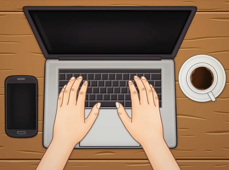 a person typing on a laptop next to a cup of coffee, shutterstock, computer art, cell shaded adult animation, back of hand on the table, wikihow illustration, above view