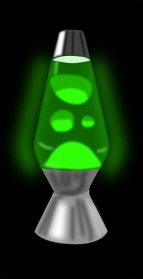 a green lava lamp sitting on top of a metal base, inspired by Luigi Kasimir, deviantart, digital art, it\'s name is greeny, blacklight reacting, nighttime!!, clipart
