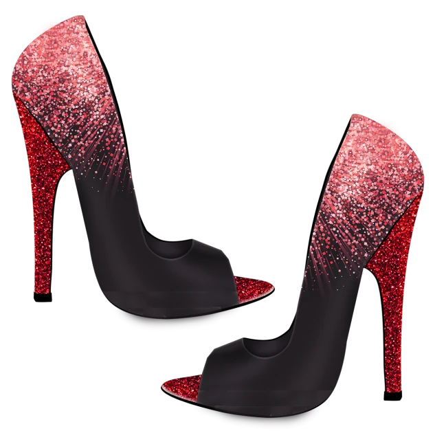 a pair of black and red high heels, a digital rendering, pixabay, digital art, glitter gif, pink and red color style, 3/4 view realistic, hill