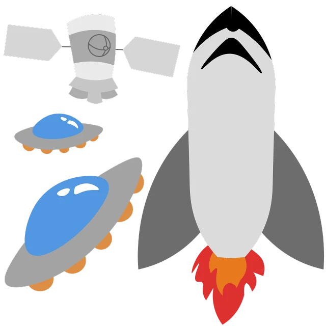 an image of a space shuttle and other objects, jellyfish element, small medium and large elements, vehicle illustration, space dandy style