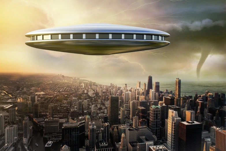 an image of a flying saucer over a city, concept art, by Wayne England, shutterstock, chicago, 2 0 2 2 photo, 3 d cg, blimp