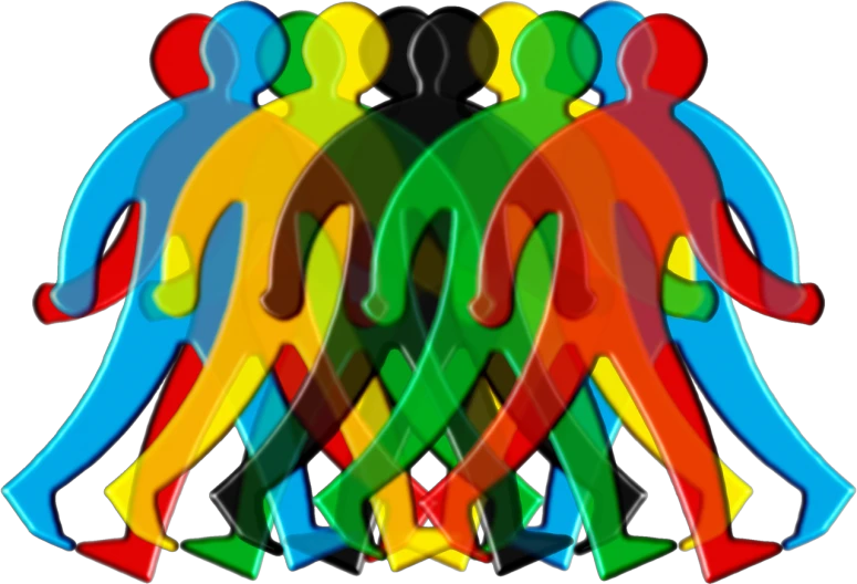 a group of people standing in a circle, by Susan Heidi, trending on pixabay, digital art, colorful uniforms, dark figures walking, intertwined full body view, 4 limbs and civilized behavior