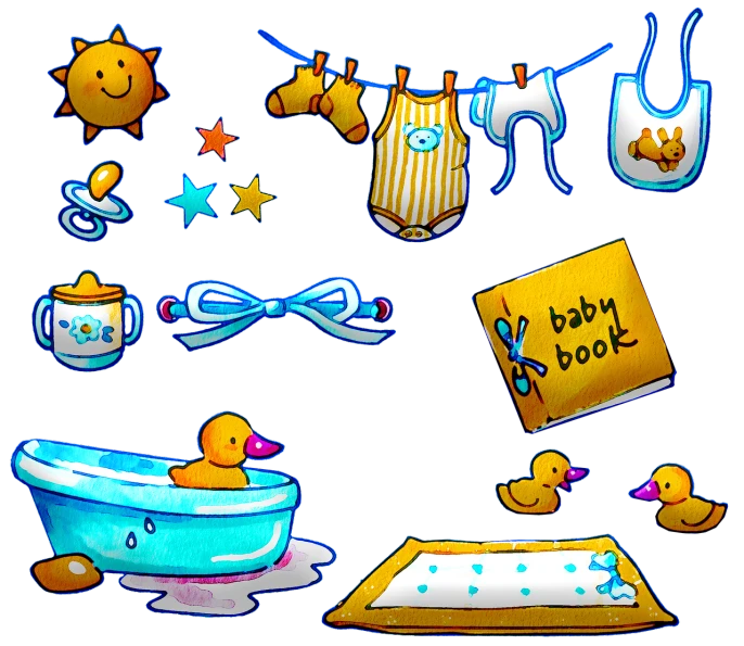 a collection of baby items on a black background, a digital rendering, tumblr, process art, rubber duck, けもの, fully decorated, glowing blue interior components