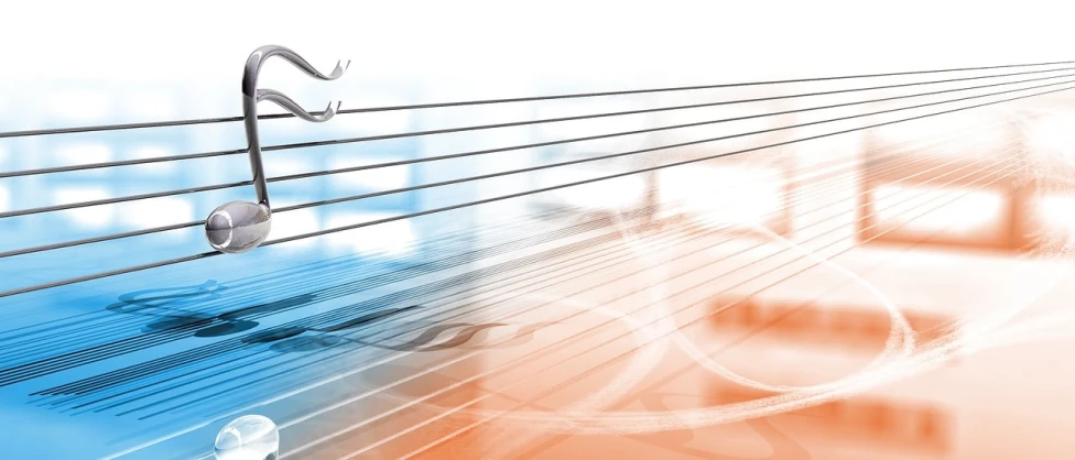 a close up of a musical note on a string, a digital rendering, happening, advertising photo, featuring wires, soft lines, office background