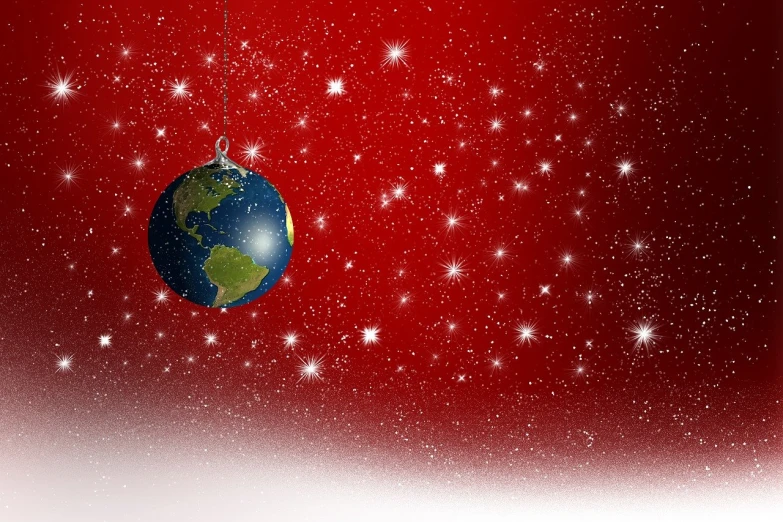a christmas ornament sitting on top of a snow covered ground, digital art, wires earth background, background is made of stars, on a red background, world peace