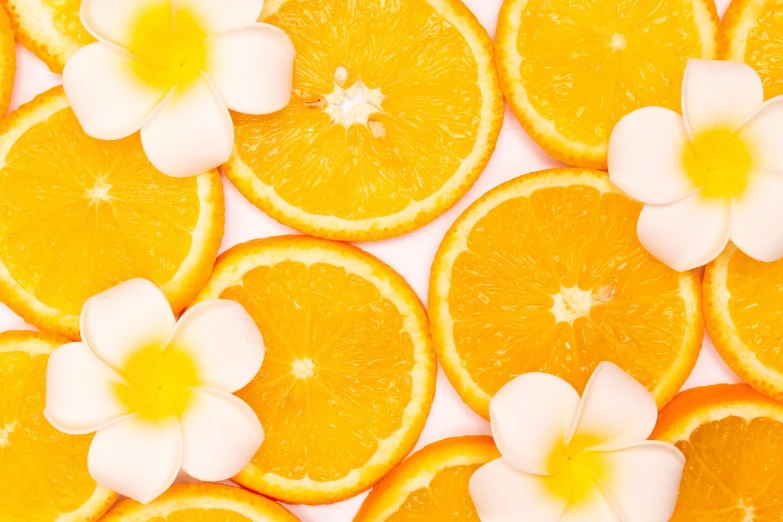 a bunch of orange slices with flowers on them, a picture, minimalism, 3 4 5 3 1, tropical mood, white and orange, ultra settings