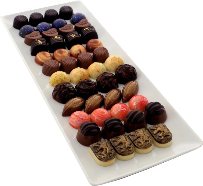 a platter of assorted chocolates on a white plate, cg society contest winner, bauhaus, high detail product photo, - h 1 0 2 4, glazed, miniature product photo