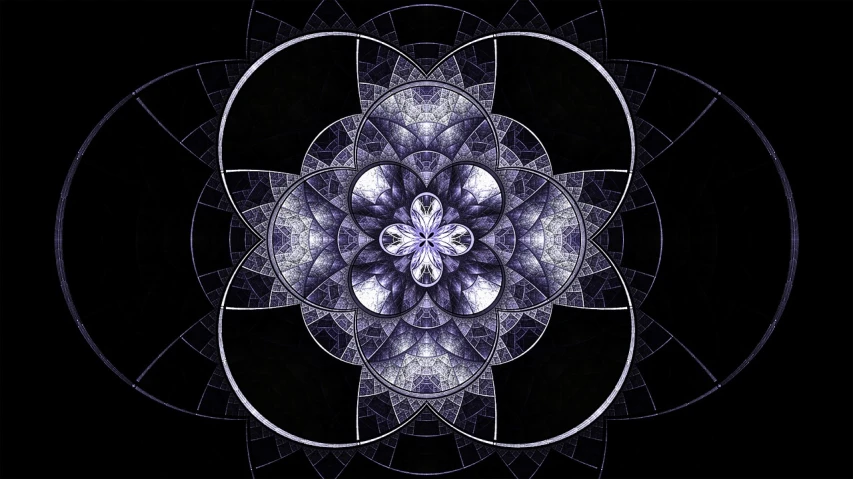 a blue and white flower on a black background, digital art, inspired by Buckminster Fuller, flickr, silver and amethyst, symmetrical and detailed, purple crystal glass inlays, mystical setting