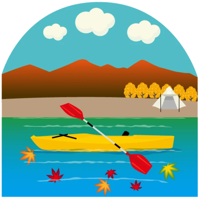 a yellow kayak sitting on top of a body of water, a digital rendering, inspired by Shūbun Tenshō, pixabay contest winner, naive art, vermont fall colors, clipart icon, tent, campy and colorful