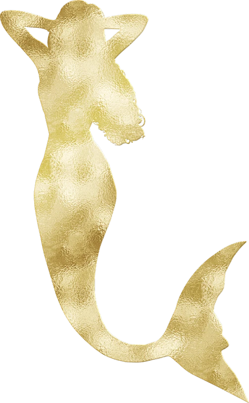 a gold mermaid silhouette on a black background, a digital rendering, inspired by Jean Arp, deviantart, anthropomorphic female cat, loosely cropped, texturized, luxury fashion illustration