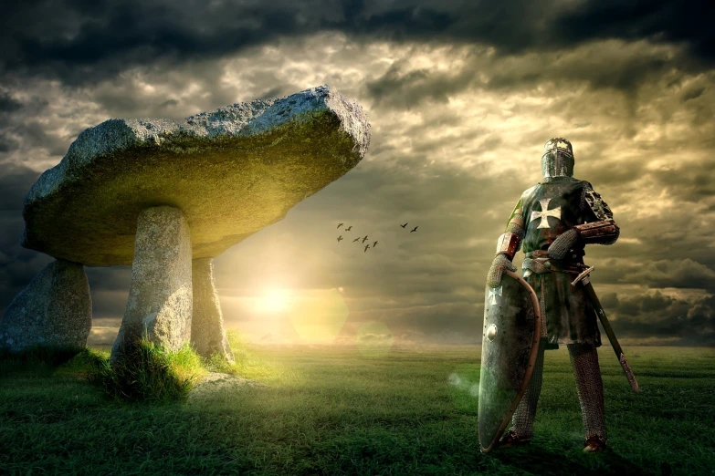 a man in armor standing in front of a large rock, shutterstock, emerald tablet, thors hammer, tom chambers photography, morning light