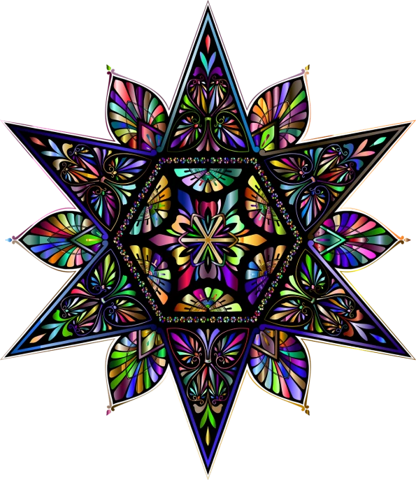 a stained glass star on a black background, psychedelic art, intricate wiccan spectrum, full - view, tool band art, benevolence