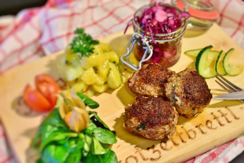 a wooden cutting board topped with meat and vegetables, a picture, by Dietmar Damerau, pixabay, renaissance, canned dog food on a plate, midsummer, cut-away, glittering